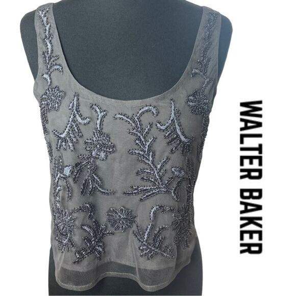 WALTER BAKER Elise Crop Top, Beaded Mesh Scoop Neck Gray Cocktails, Party NEW XS - Picture 4 of 9